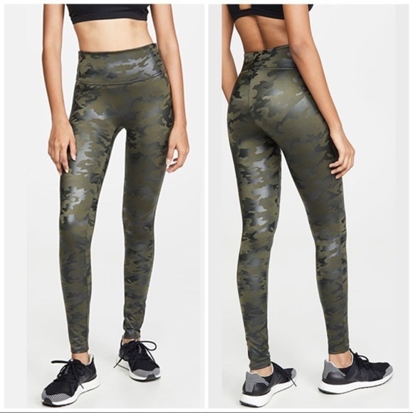 Spanx Matte Green Faux Leather Camo Leggings Power Waistband 20185R EUC Size S - Picture 1 of 9